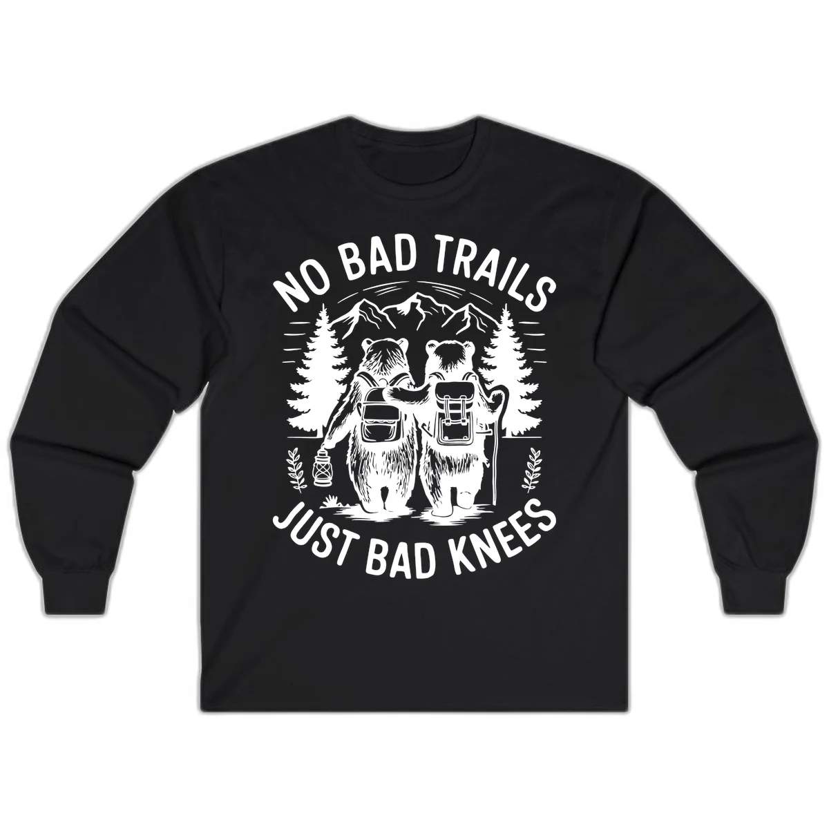 Two cartoon bears with backpacks hiking in mountains with text 'No Bad Trails Just Bad Knees' - humorous outdoor camping design in Black