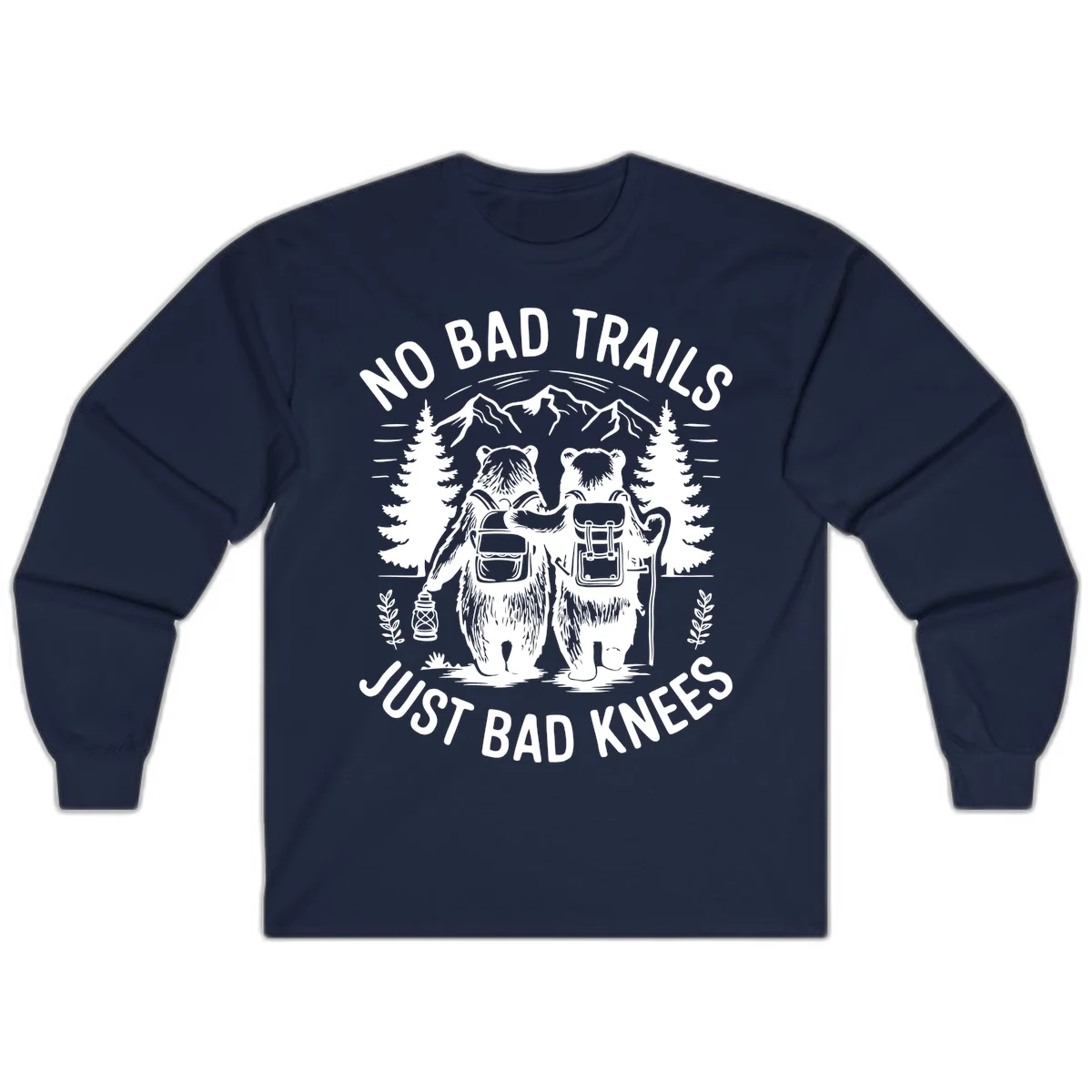 Two cartoon bears with backpacks hiking in mountains with text 'No Bad Trails Just Bad Knees' - humorous outdoor camping design in Navy