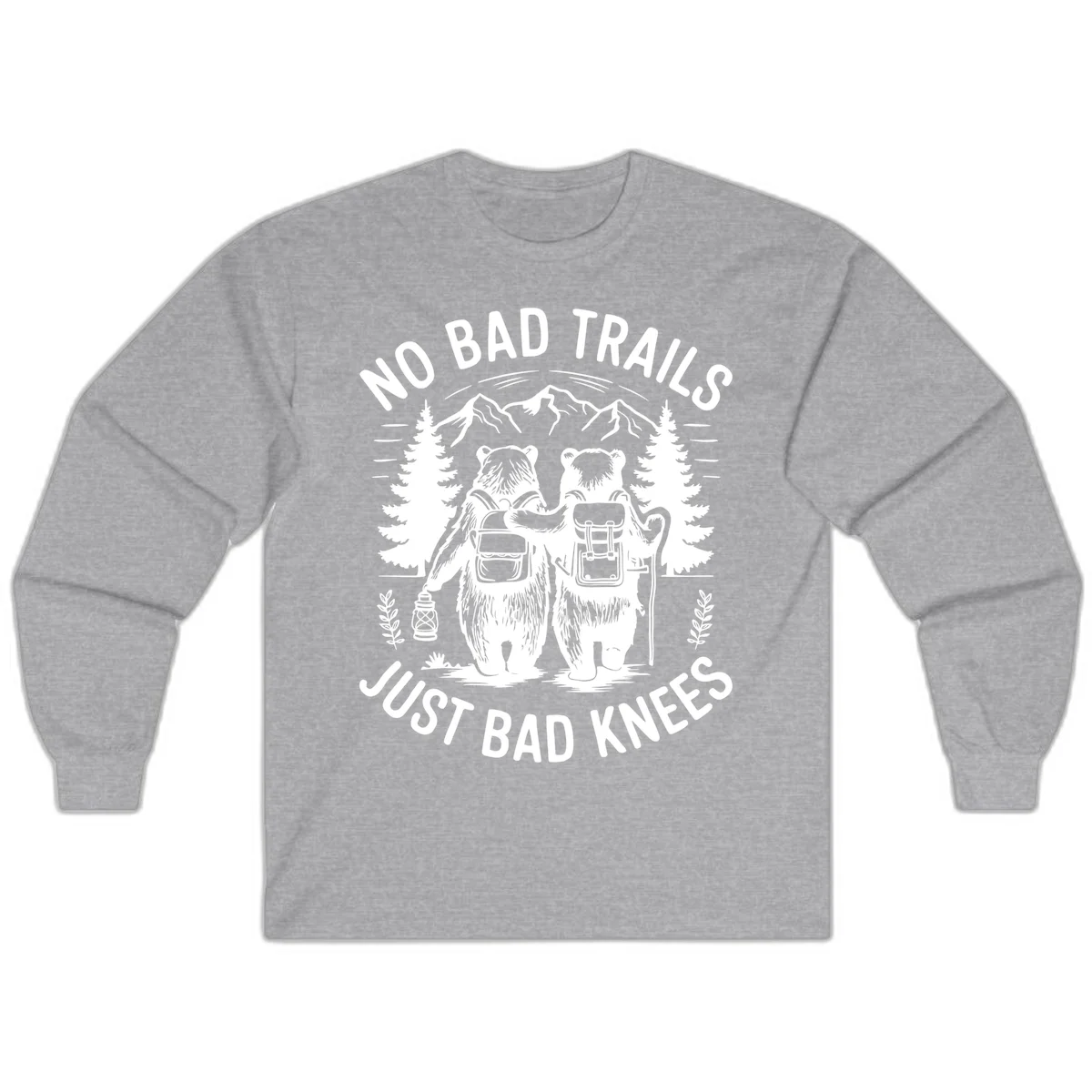 Two cartoon bears with backpacks hiking in mountains with text 'No Bad Trails Just Bad Knees' - humorous outdoor camping design in Sport Grey