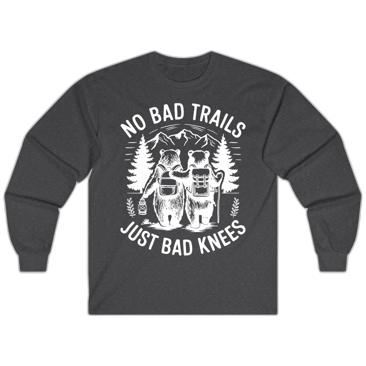 Two cartoon bears with backpacks hiking in mountains with text 'No Bad Trails Just Bad Knees' - humorous outdoor camping design in Dark Heather