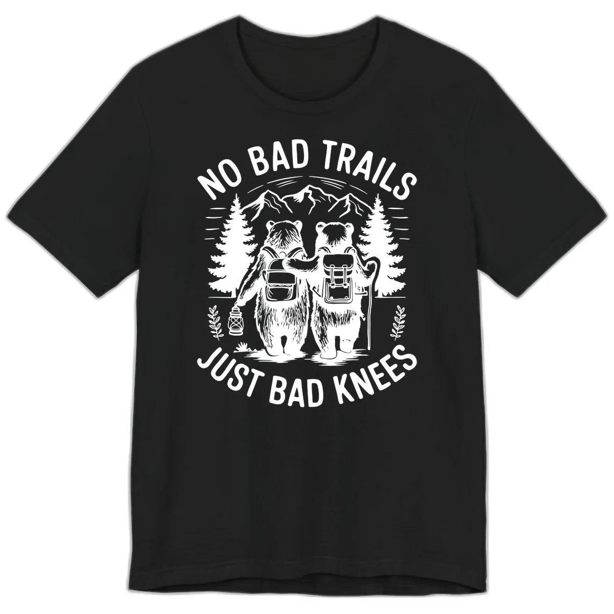 Two cartoon bears with backpacks hiking in mountains with text 'No Bad Trails Just Bad Knees' - humorous outdoor camping design in Black