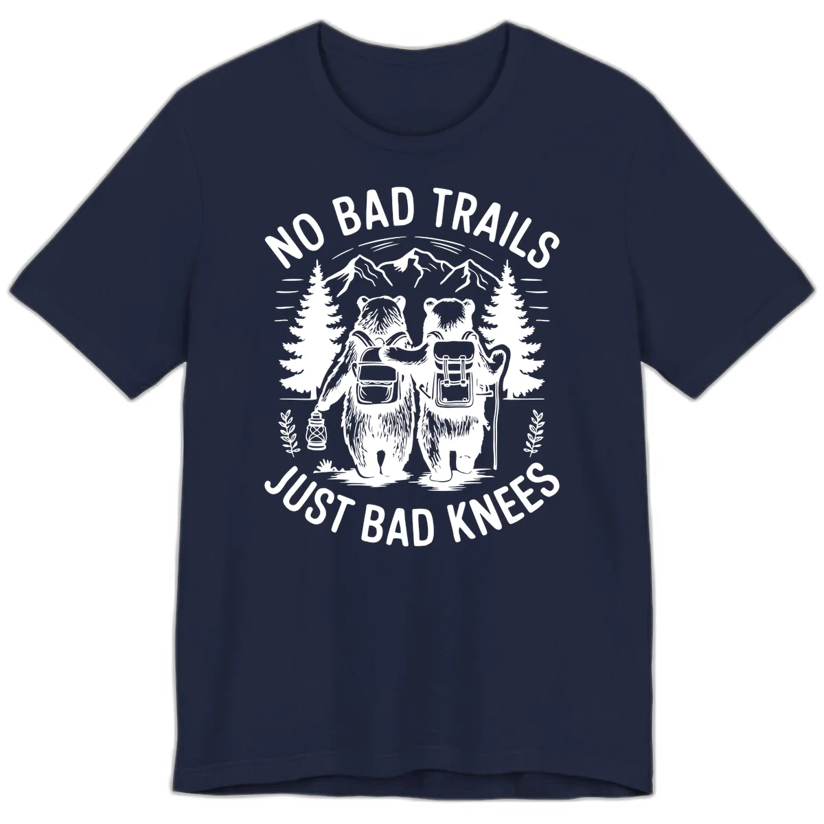 Two cartoon bears with backpacks hiking in mountains with text 'No Bad Trails Just Bad Knees' - humorous outdoor camping design in Navy
