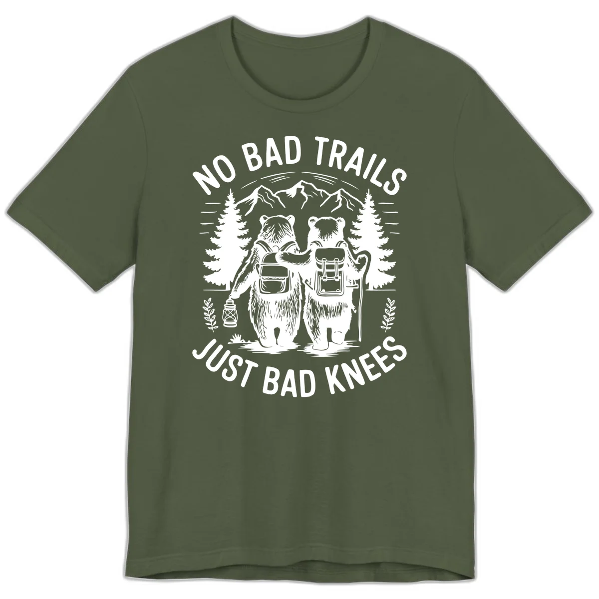 Two cartoon bears with backpacks hiking in mountains with text 'No Bad Trails Just Bad Knees' - humorous outdoor camping design in Military Green