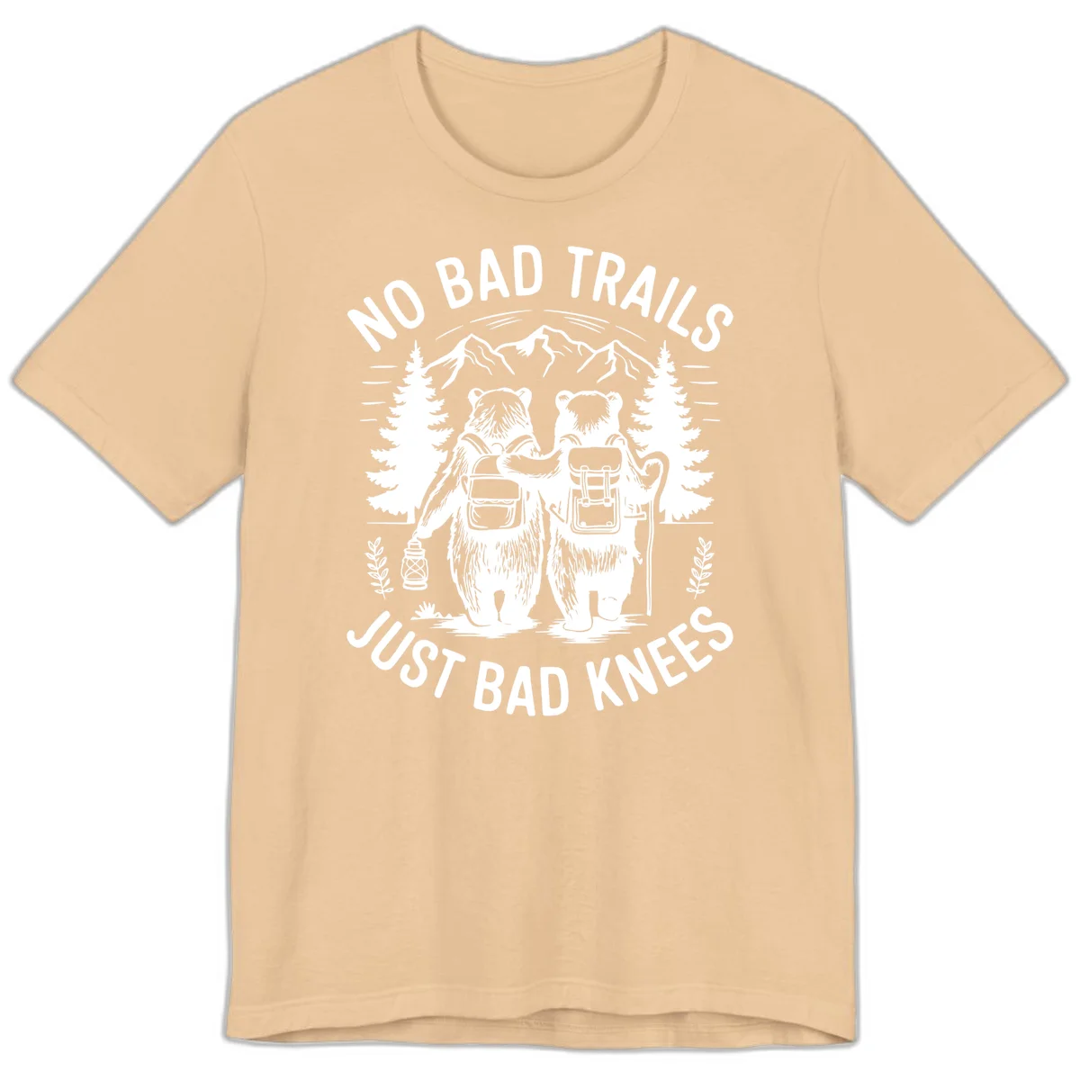 Two cartoon bears with backpacks hiking in mountains with text 'No Bad Trails Just Bad Knees' - humorous outdoor camping design in Sand Dune
