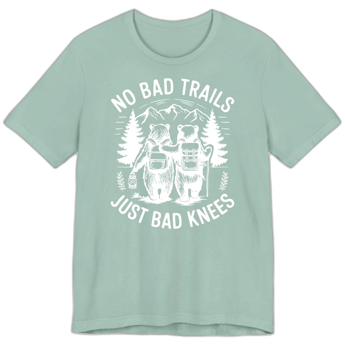 Two cartoon bears with backpacks hiking in mountains with text 'No Bad Trails Just Bad Knees' - humorous outdoor camping design in Dusty Blue