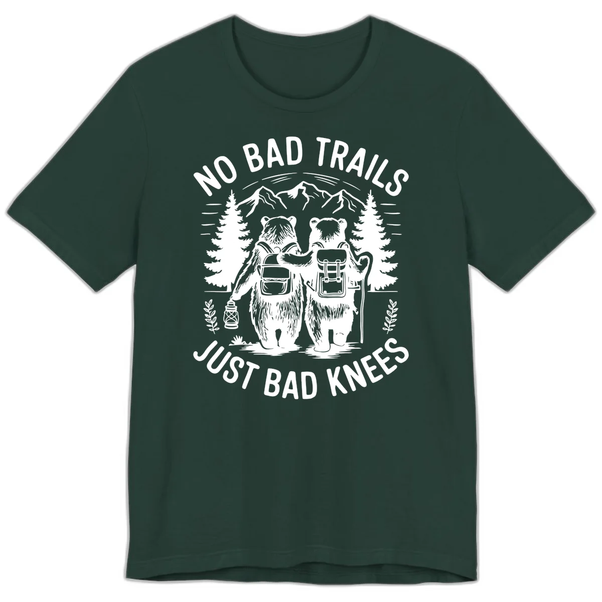 Two cartoon bears with backpacks hiking in mountains with text 'No Bad Trails Just Bad Knees' - humorous outdoor camping design in Forest