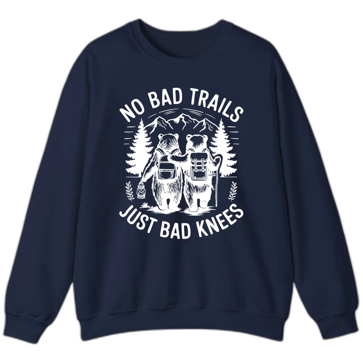 Two cartoon bears with backpacks hiking in mountains with text 'No Bad Trails Just Bad Knees' - humorous outdoor camping design in Navy