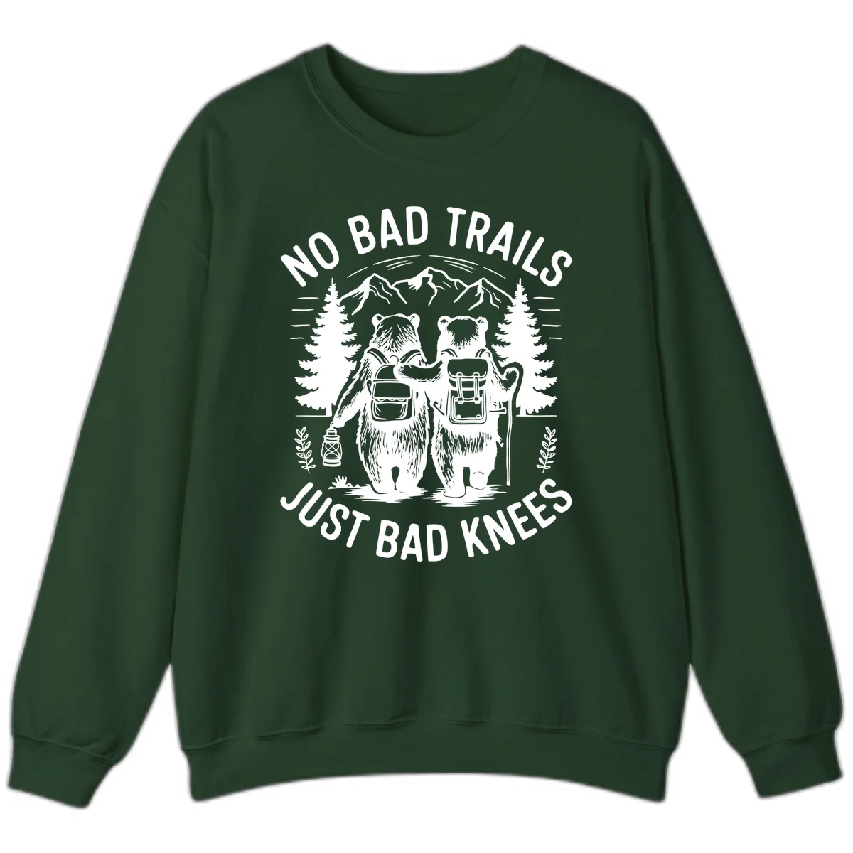 Two cartoon bears with backpacks hiking in mountains with text 'No Bad Trails Just Bad Knees' - humorous outdoor camping design in Forest Green