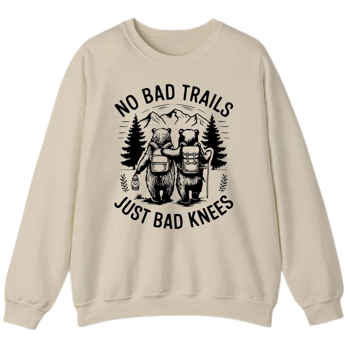 Two cartoon bears with backpacks hiking in mountains with text 'No Bad Trails Just Bad Knees' - humorous outdoor camping design in Sand