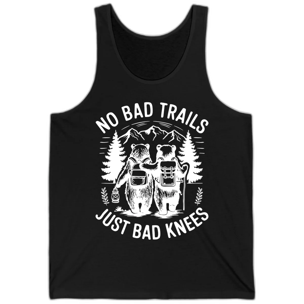 Two cartoon bears with backpacks hiking in mountains with text 'No Bad Trails Just Bad Knees' - humorous outdoor camping design in Black