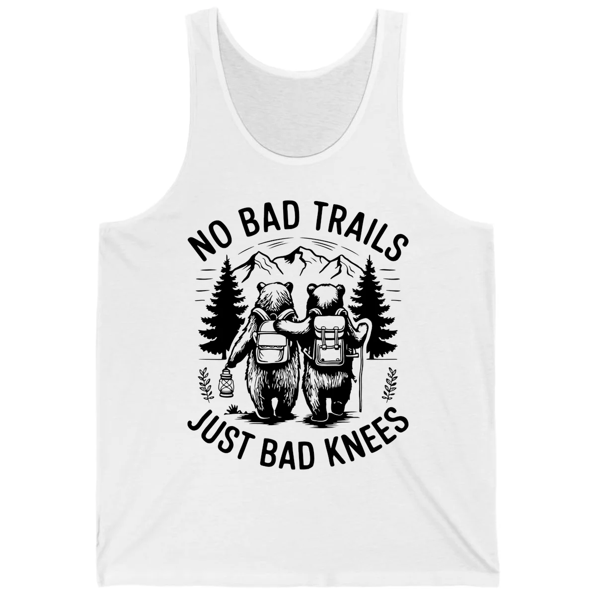 Two cartoon bears with backpacks hiking in mountains with text 'No Bad Trails Just Bad Knees' - humorous outdoor camping design in White