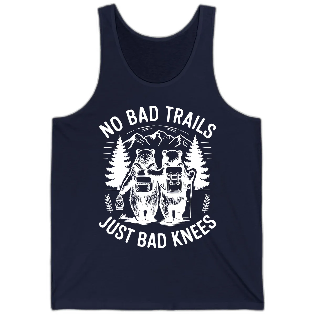 Two cartoon bears with backpacks hiking in mountains with text 'No Bad Trails Just Bad Knees' - humorous outdoor camping design in Navy