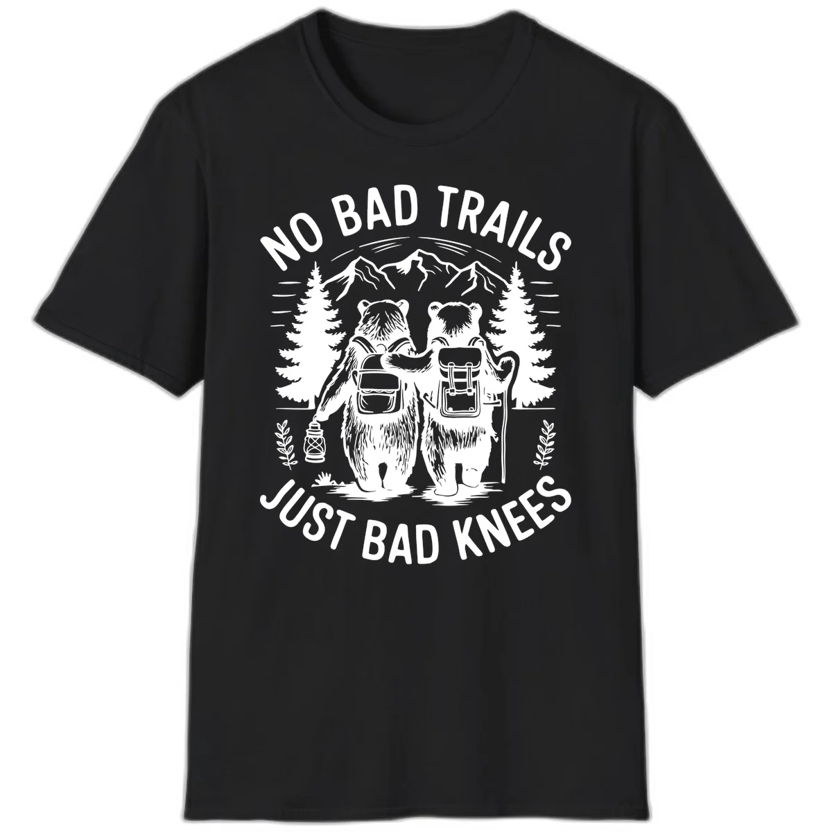 Two cartoon bears with backpacks hiking in mountains with text 'No Bad Trails Just Bad Knees' - humorous outdoor camping design in Black