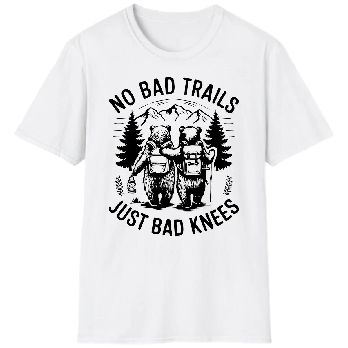 Two cartoon bears with backpacks hiking in mountains with text 'No Bad Trails Just Bad Knees' - humorous outdoor camping design in White