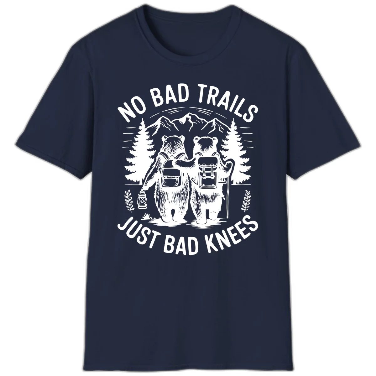 Two cartoon bears with backpacks hiking in mountains with text 'No Bad Trails Just Bad Knees' - humorous outdoor camping design in Navy