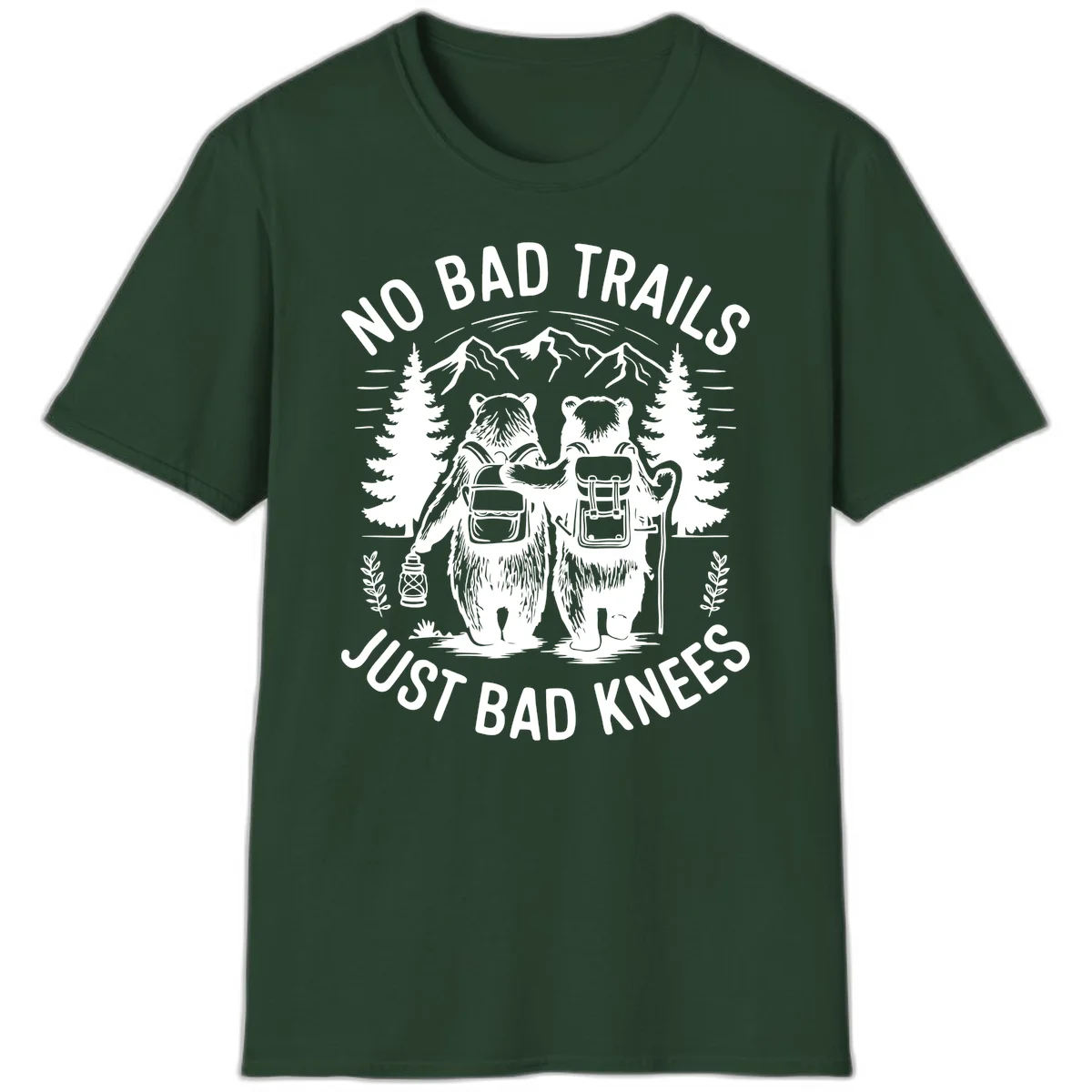 Two cartoon bears with backpacks hiking in mountains with text 'No Bad Trails Just Bad Knees' - humorous outdoor camping design in Forest Green