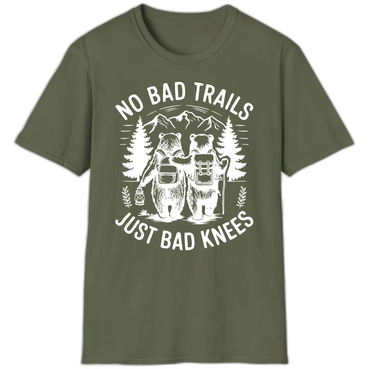 Two cartoon bears with backpacks hiking in mountains with text 'No Bad Trails Just Bad Knees' - humorous outdoor camping design in Military Green