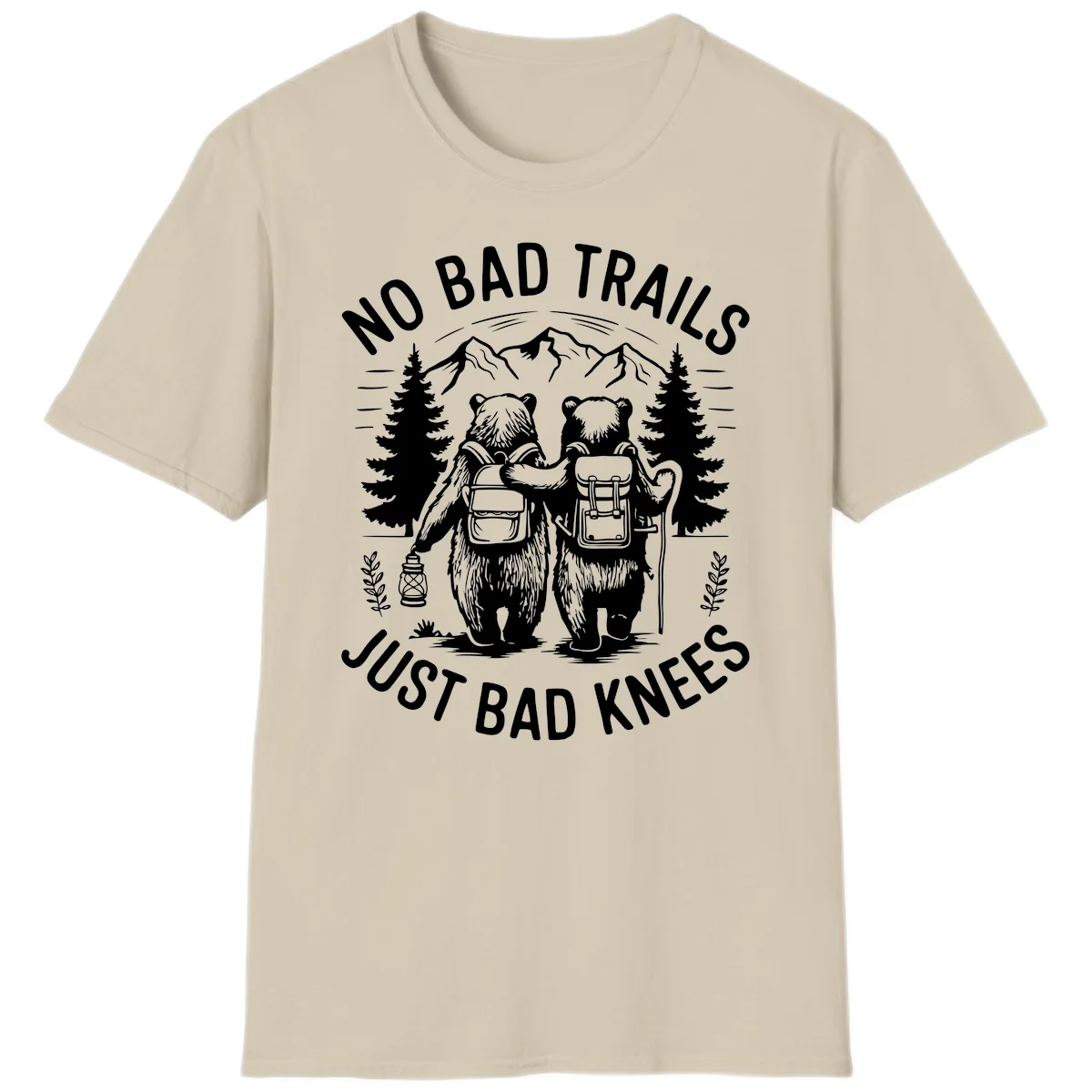 Two cartoon bears with backpacks hiking in mountains with text 'No Bad Trails Just Bad Knees' - humorous outdoor camping design in Sand