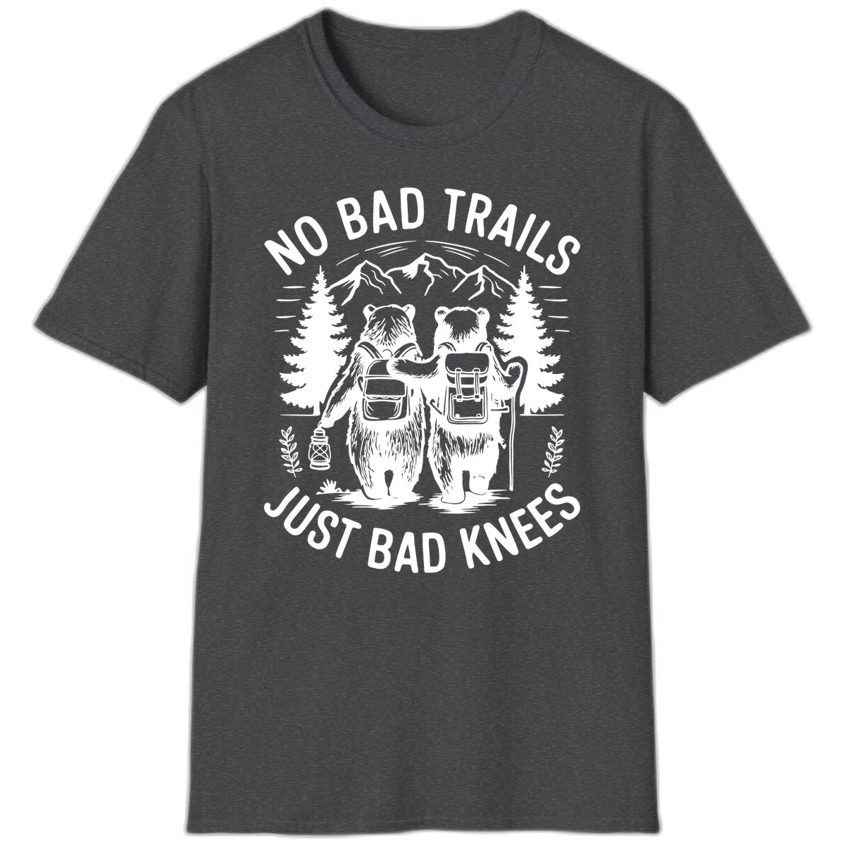 Two cartoon bears with backpacks hiking in mountains with text 'No Bad Trails Just Bad Knees' - humorous outdoor camping design in Dark Heather