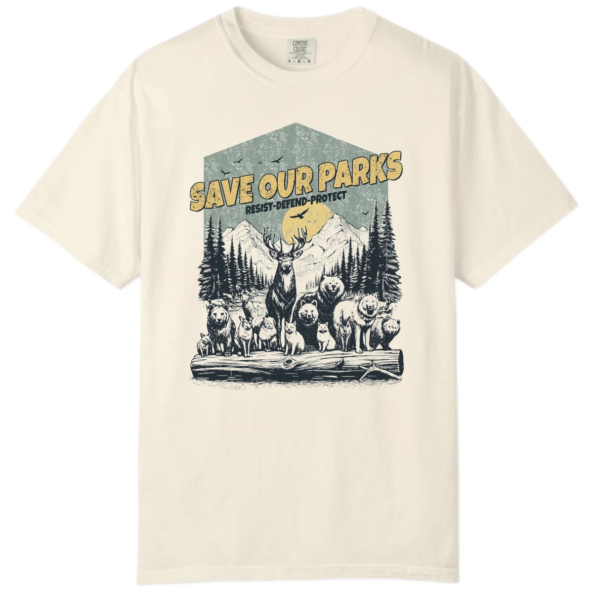 Vintage illustration of elk, bears, wolves and deer gathered in a moonlit forest with mountains, text reads 'Save Our Parks Resist-Defend-Protect' in Ivory