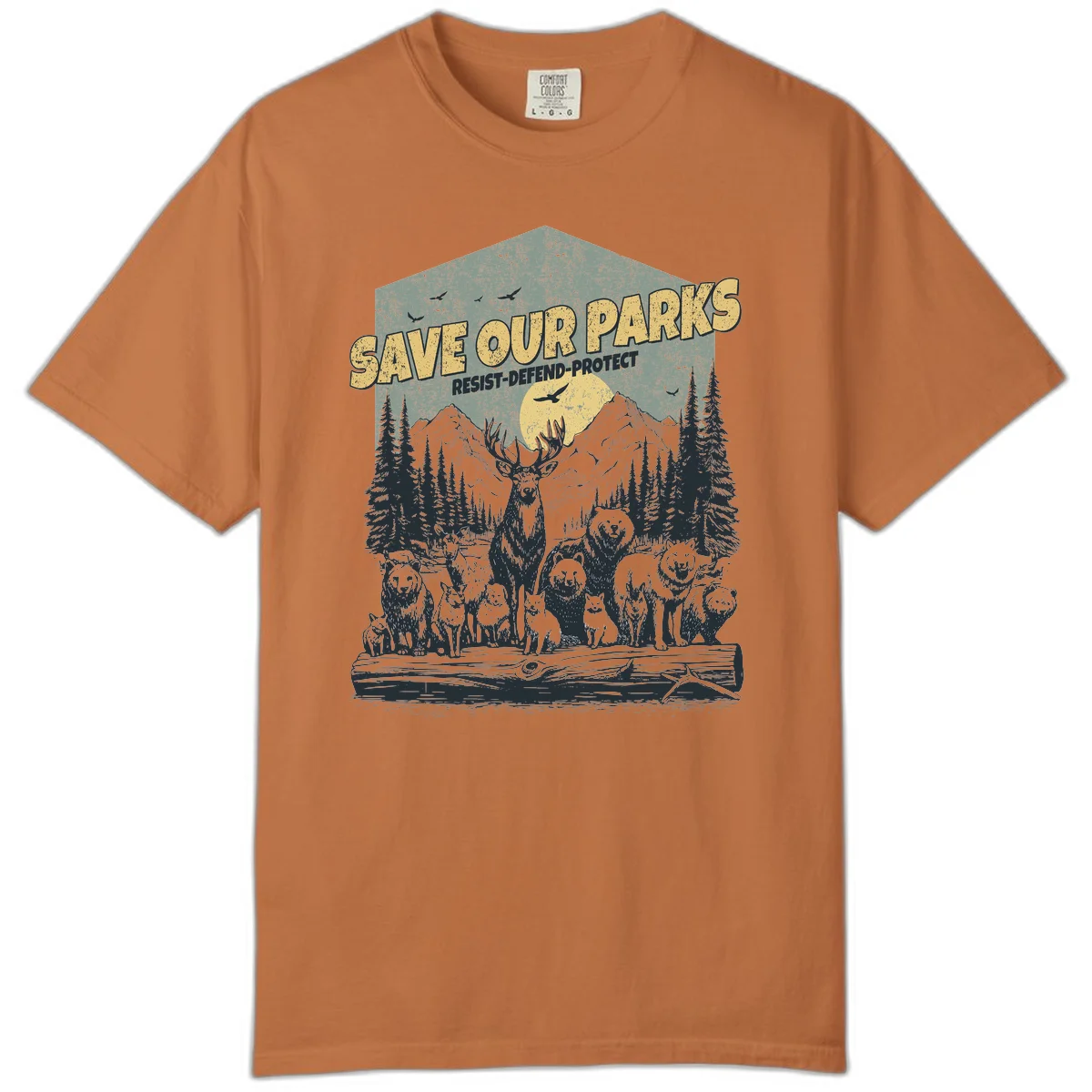 Vintage illustration of elk, bears, wolves and deer gathered in a moonlit forest with mountains, text reads 'Save Our Parks Resist-Defend-Protect' in Yam