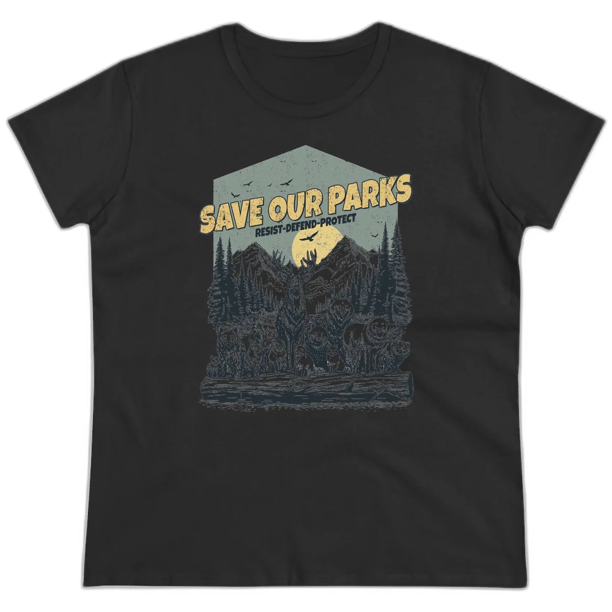 Vintage illustration of elk, bears, wolves and deer gathered in a moonlit forest with mountains, text reads 'Save Our Parks Resist-Defend-Protect' in Black