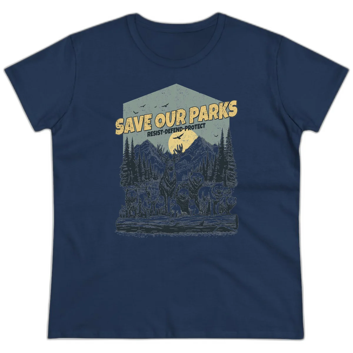 Vintage illustration of elk, bears, wolves and deer gathered in a moonlit forest with mountains, text reads 'Save Our Parks Resist-Defend-Protect' in Navy
