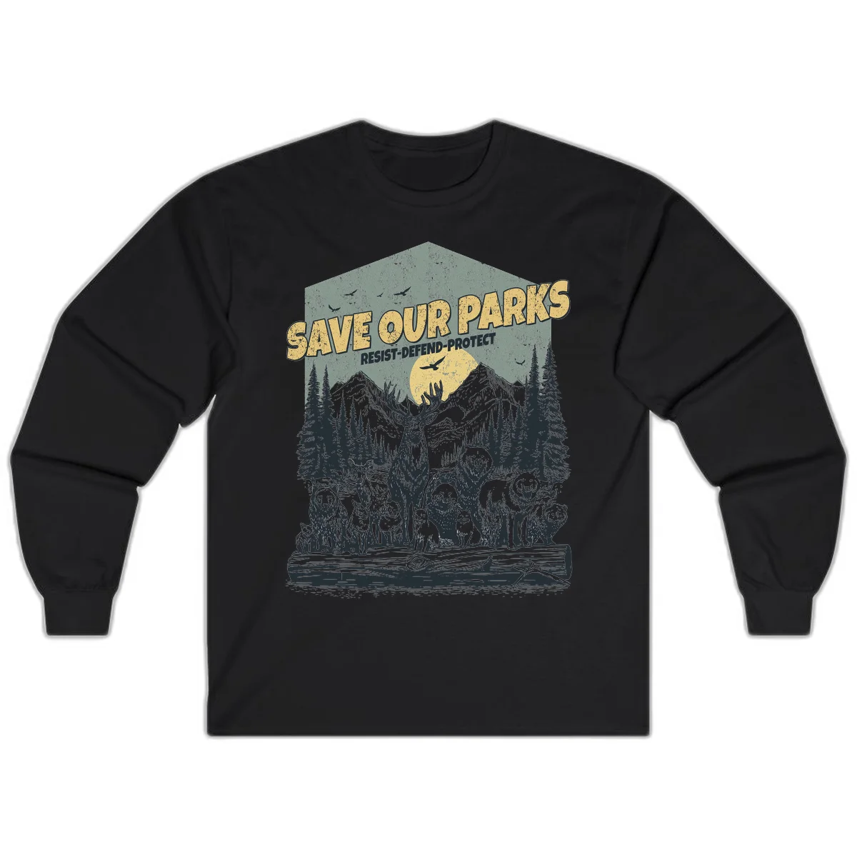 Vintage illustration of elk, bears, wolves and deer gathered in a moonlit forest with mountains, text reads 'Save Our Parks Resist-Defend-Protect' in Black