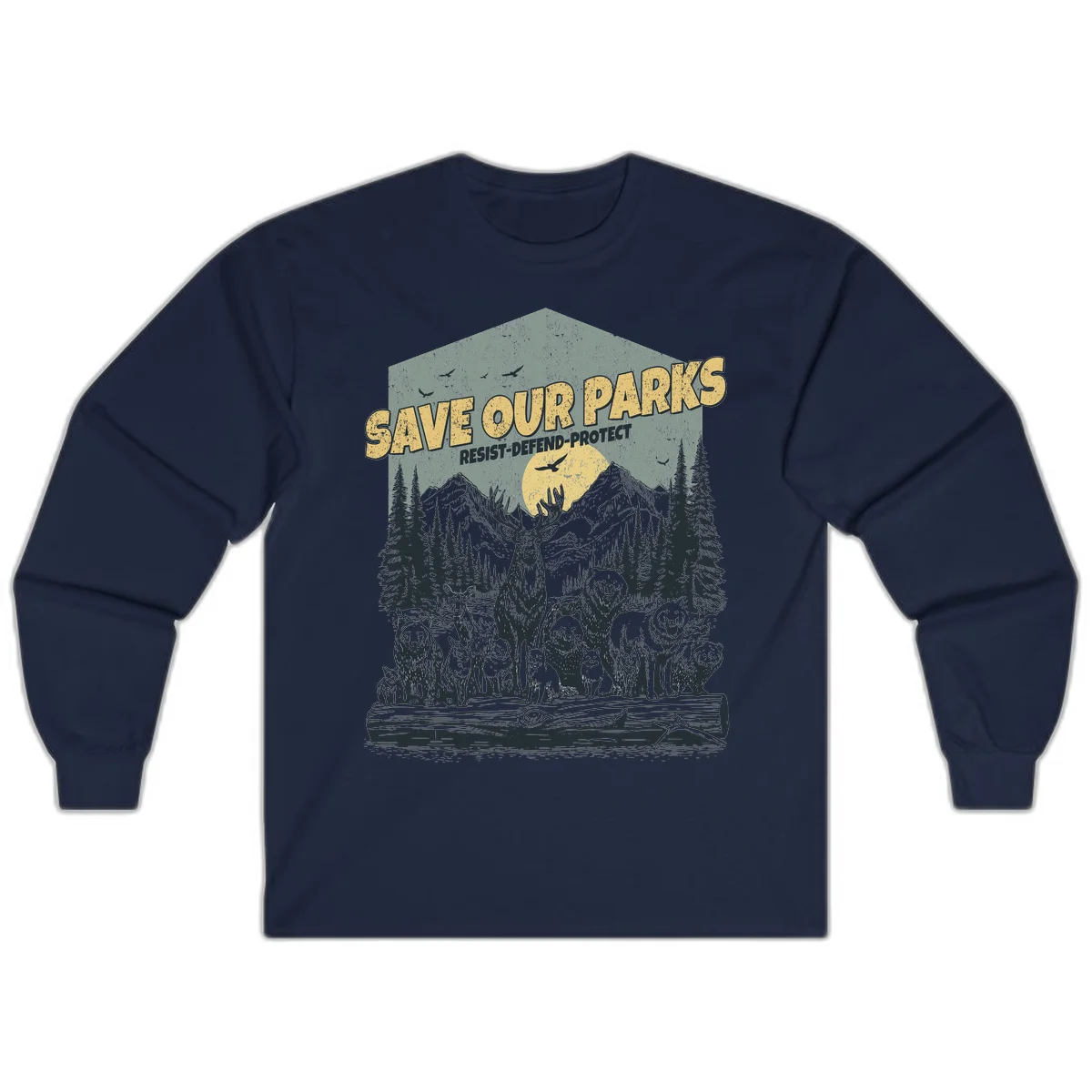 Vintage illustration of elk, bears, wolves and deer gathered in a moonlit forest with mountains, text reads 'Save Our Parks Resist-Defend-Protect' in Navy