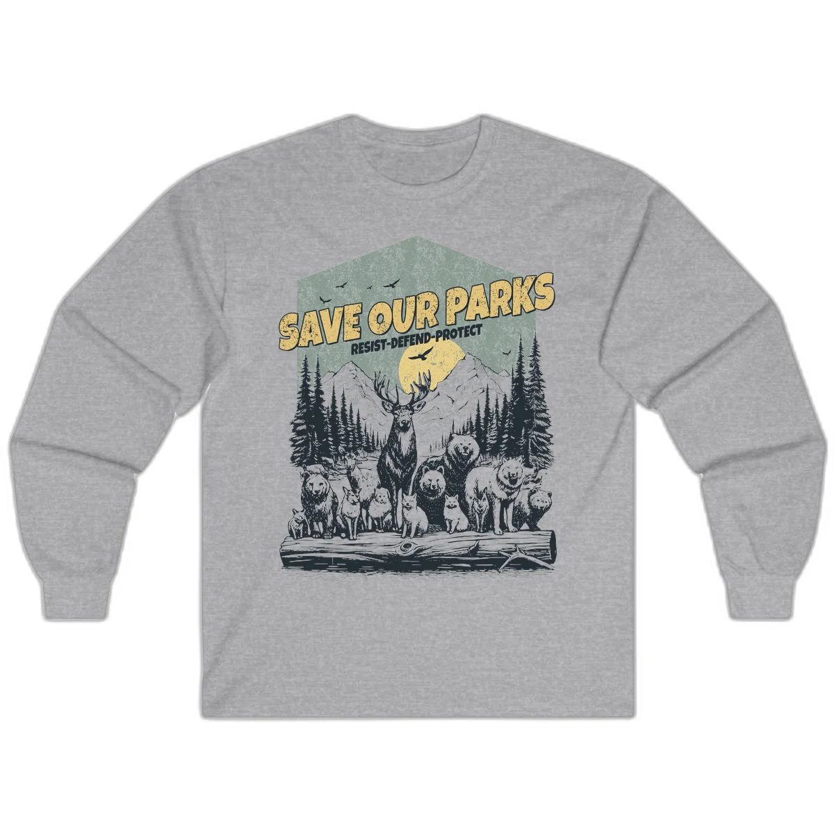 Vintage illustration of elk, bears, wolves and deer gathered in a moonlit forest with mountains, text reads 'Save Our Parks Resist-Defend-Protect' in Sport Grey