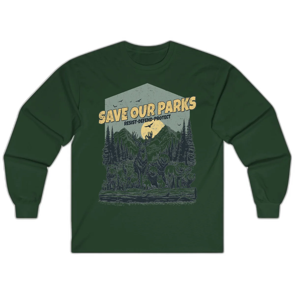 Vintage illustration of elk, bears, wolves and deer gathered in a moonlit forest with mountains, text reads 'Save Our Parks Resist-Defend-Protect' in Forest Green