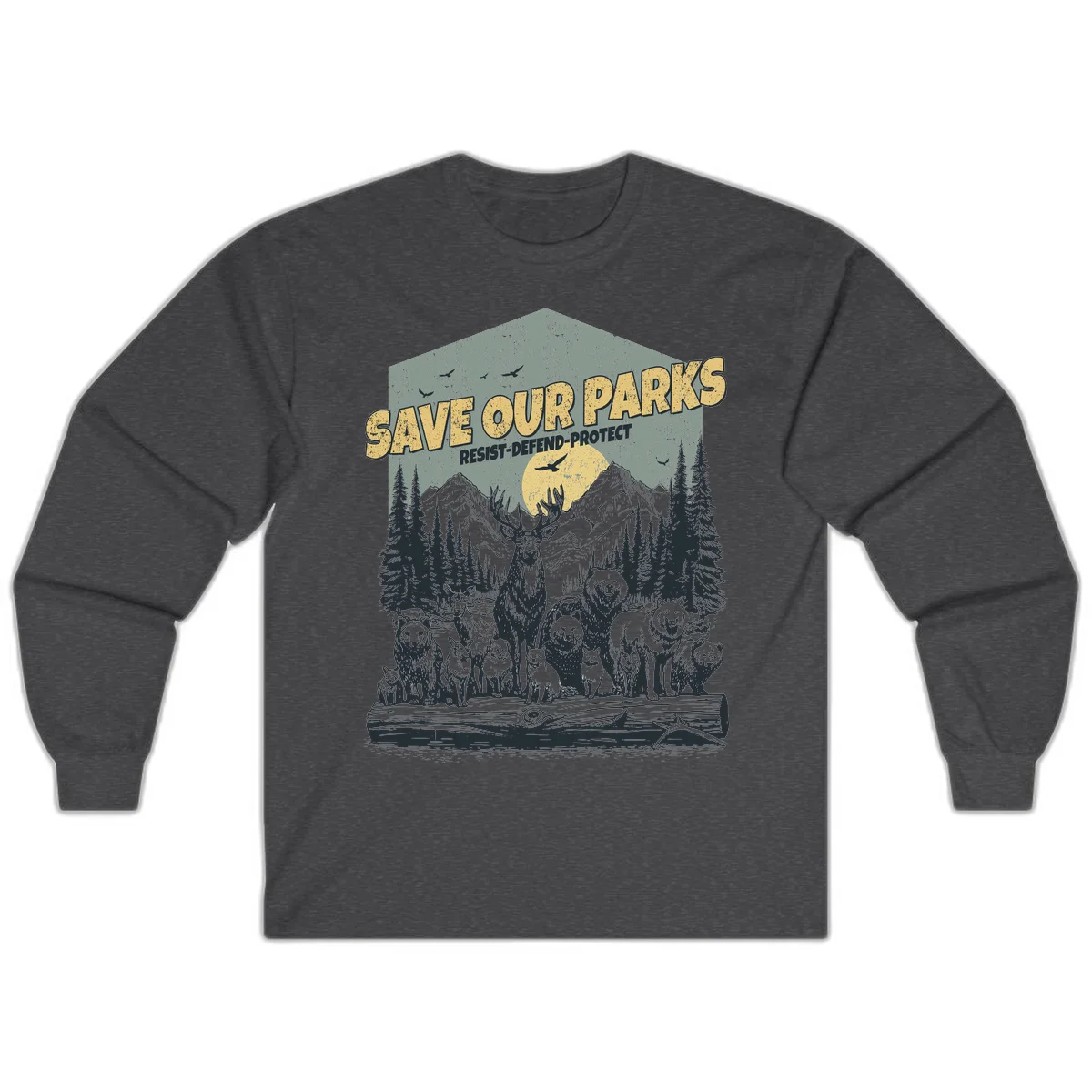 Vintage illustration of elk, bears, wolves and deer gathered in a moonlit forest with mountains, text reads 'Save Our Parks Resist-Defend-Protect' in Dark Heather