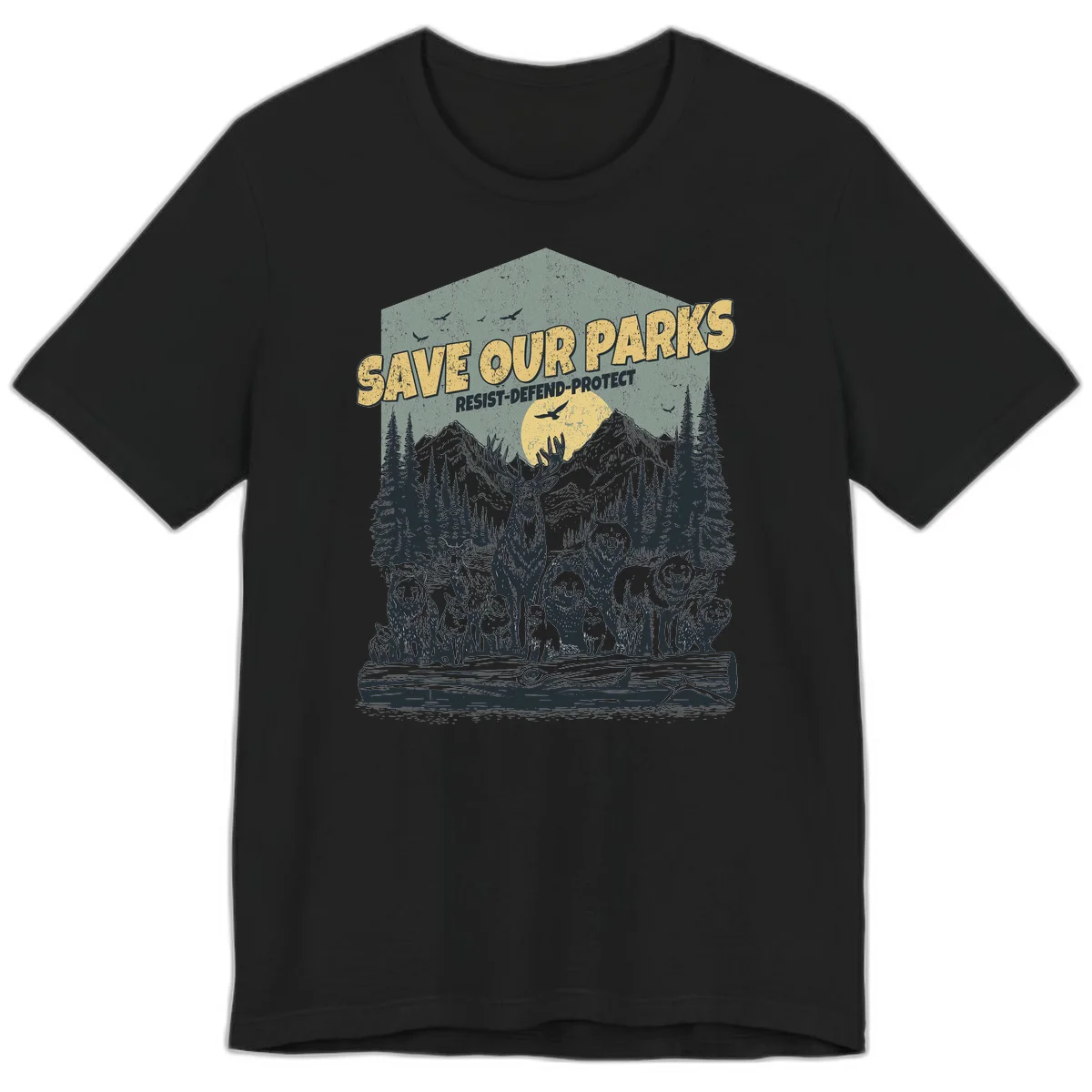 Vintage illustration of elk, bears, wolves and deer gathered in a moonlit forest with mountains, text reads 'Save Our Parks Resist-Defend-Protect' in Black