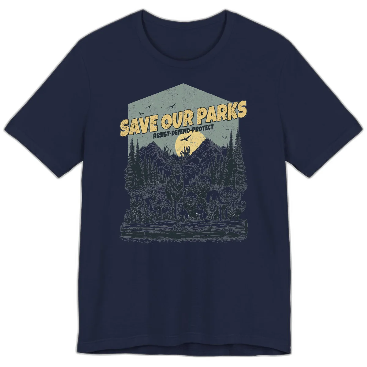 Vintage illustration of elk, bears, wolves and deer gathered in a moonlit forest with mountains, text reads 'Save Our Parks Resist-Defend-Protect' in Navy