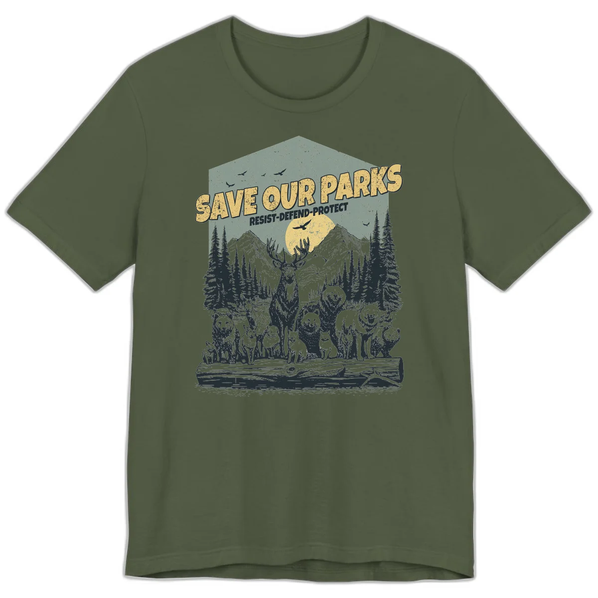 Vintage illustration of elk, bears, wolves and deer gathered in a moonlit forest with mountains, text reads 'Save Our Parks Resist-Defend-Protect' in Military Green