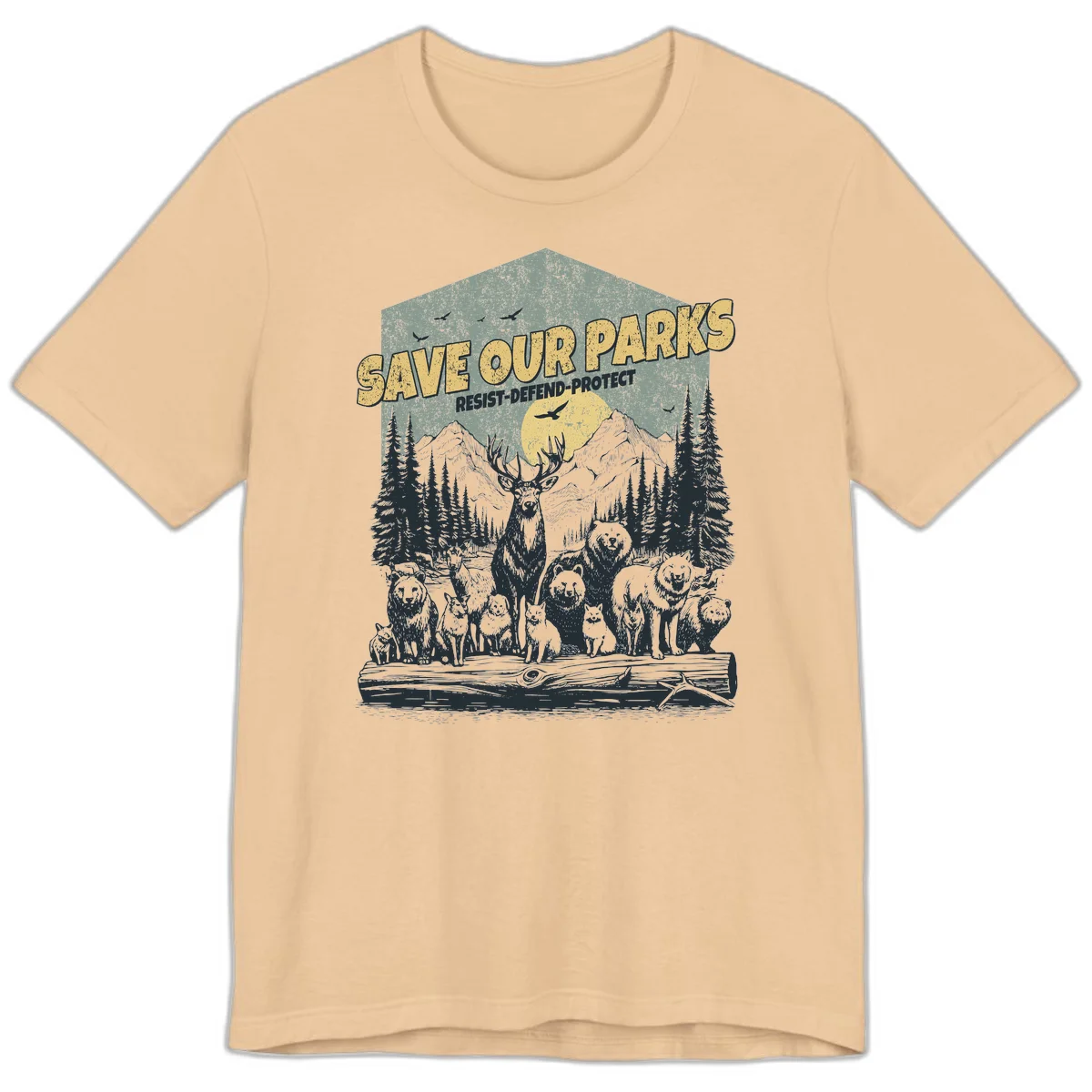 Vintage illustration of elk, bears, wolves and deer gathered in a moonlit forest with mountains, text reads 'Save Our Parks Resist-Defend-Protect' in Sand Dune