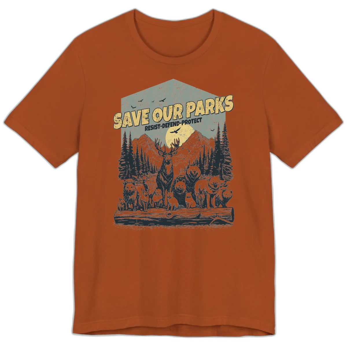 Vintage illustration of elk, bears, wolves and deer gathered in a moonlit forest with mountains, text reads 'Save Our Parks Resist-Defend-Protect' in Autumn
