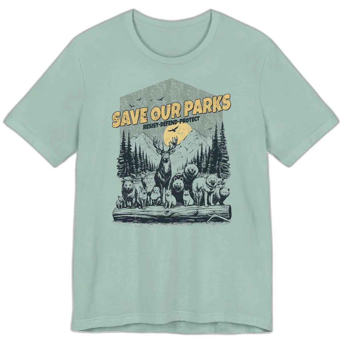 Vintage illustration of elk, bears, wolves and deer gathered in a moonlit forest with mountains, text reads 'Save Our Parks Resist-Defend-Protect' in Dusty Blue