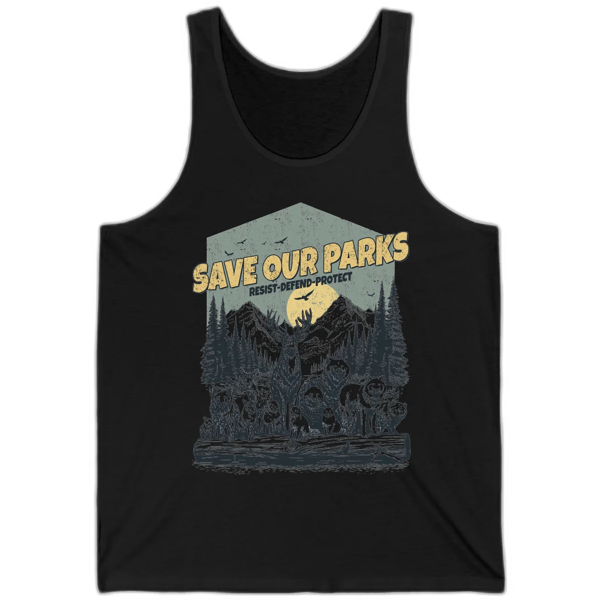 Vintage illustration of elk, bears, wolves and deer gathered in a moonlit forest with mountains, text reads 'Save Our Parks Resist-Defend-Protect' in Black