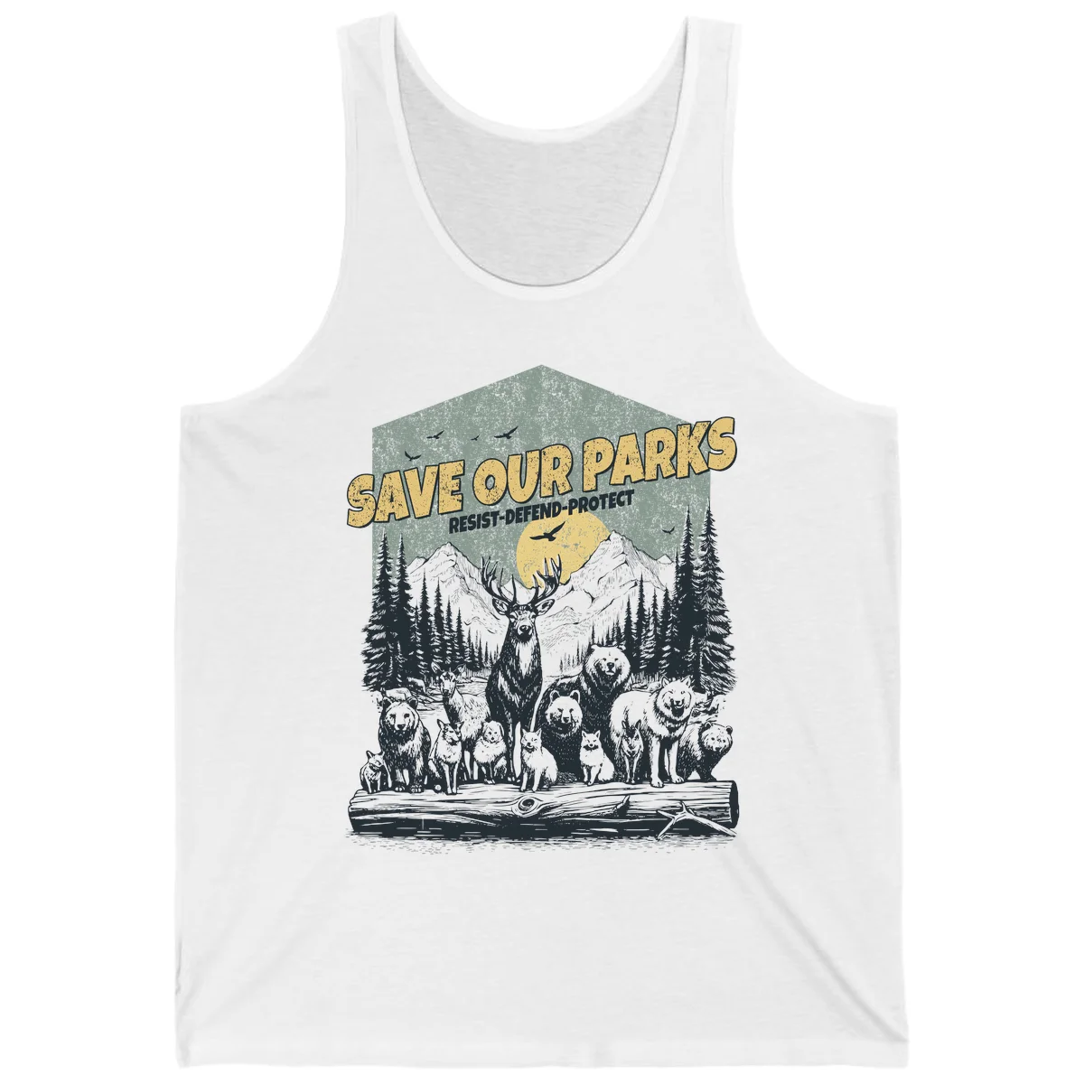 Vintage illustration of elk, bears, wolves and deer gathered in a moonlit forest with mountains, text reads 'Save Our Parks Resist-Defend-Protect' in White