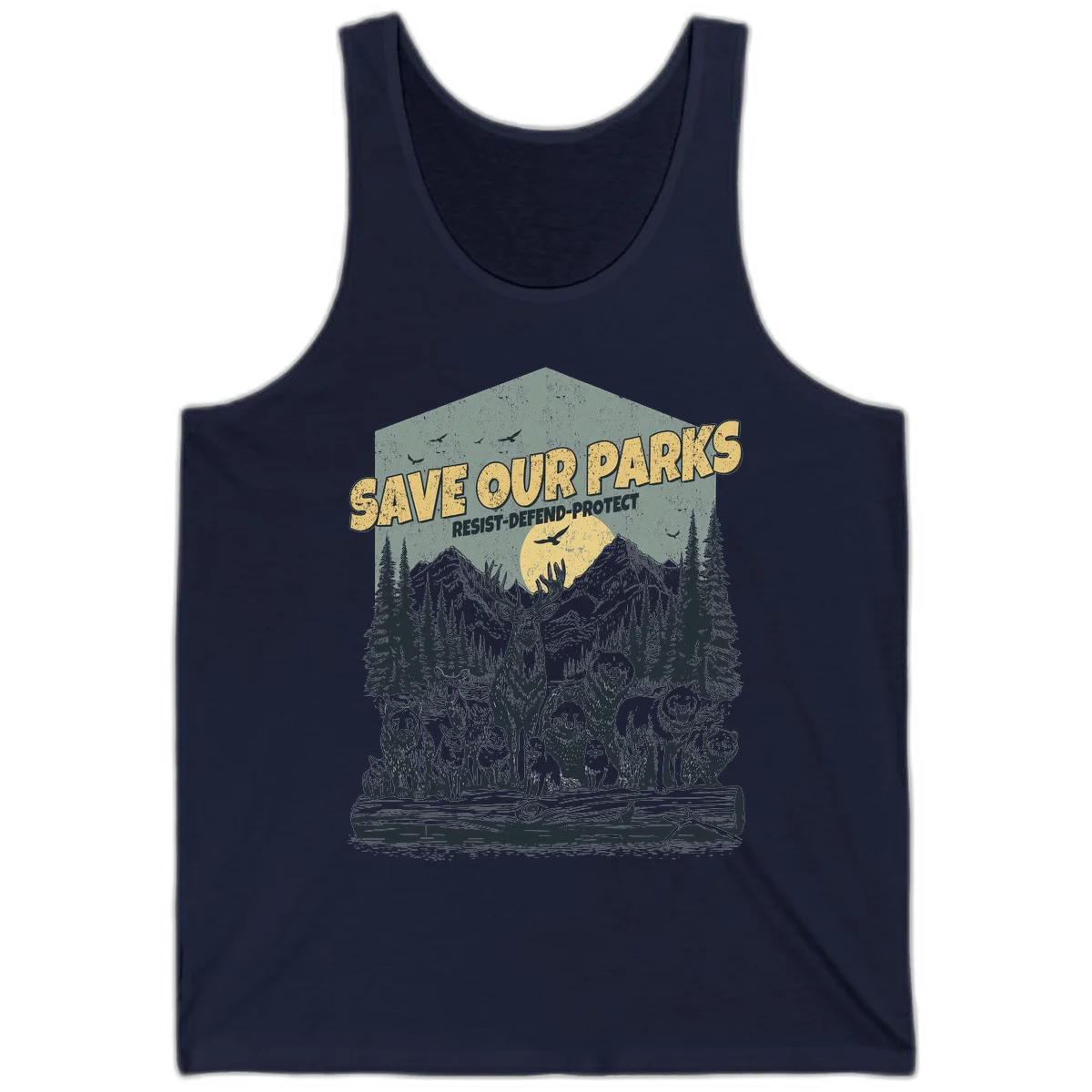 Vintage illustration of elk, bears, wolves and deer gathered in a moonlit forest with mountains, text reads 'Save Our Parks Resist-Defend-Protect' in Navy