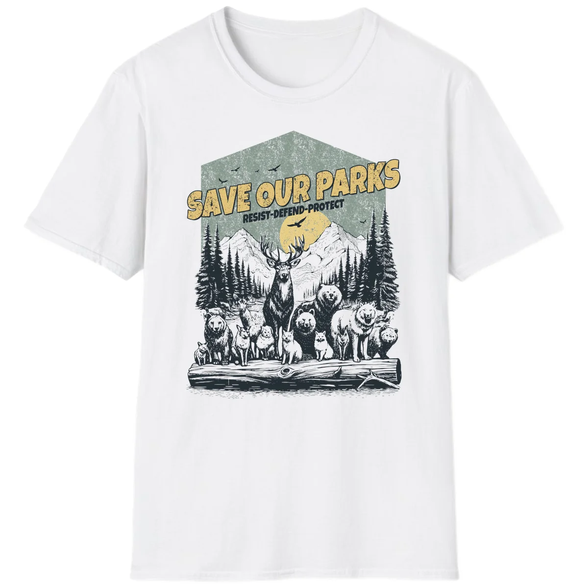 Vintage illustration of elk, bears, wolves and deer gathered in a moonlit forest with mountains, text reads 'Save Our Parks Resist-Defend-Protect' in White