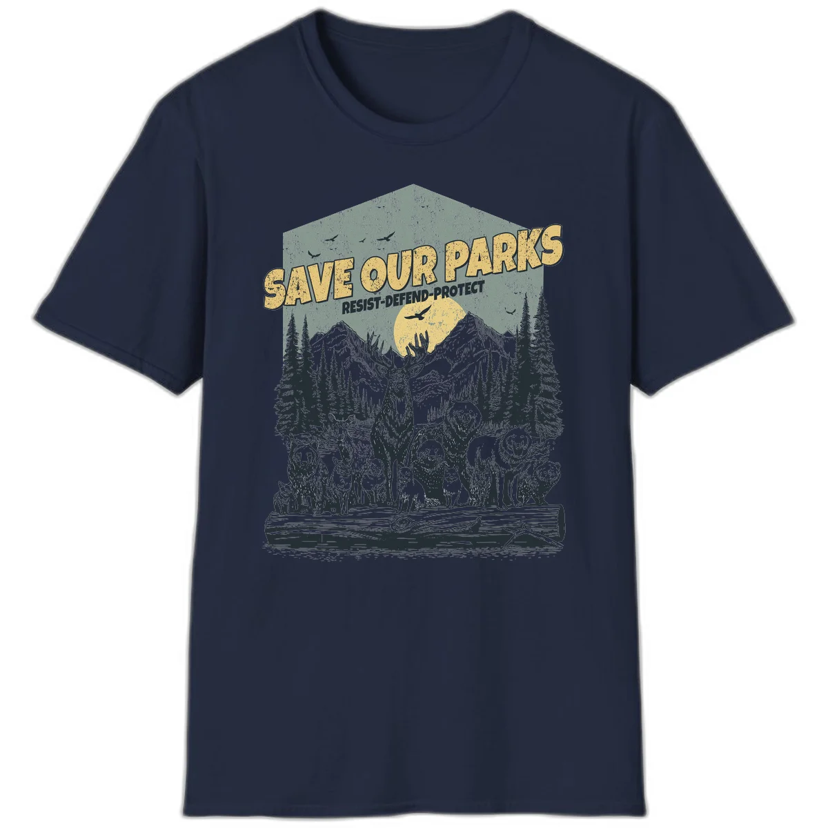 Vintage illustration of elk, bears, wolves and deer gathered in a moonlit forest with mountains, text reads 'Save Our Parks Resist-Defend-Protect' in Navy