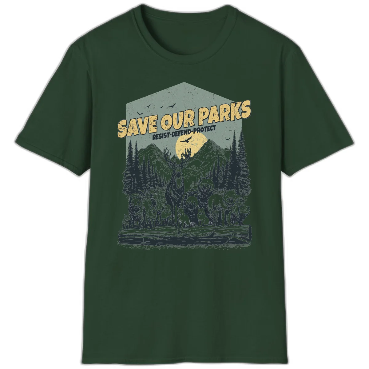 Vintage illustration of elk, bears, wolves and deer gathered in a moonlit forest with mountains, text reads 'Save Our Parks Resist-Defend-Protect' in Forest Green