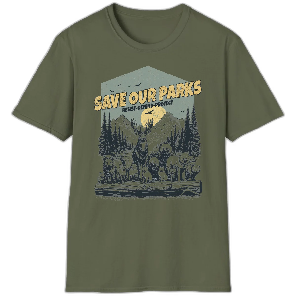 Vintage illustration of elk, bears, wolves and deer gathered in a moonlit forest with mountains, text reads 'Save Our Parks Resist-Defend-Protect' in Military Green