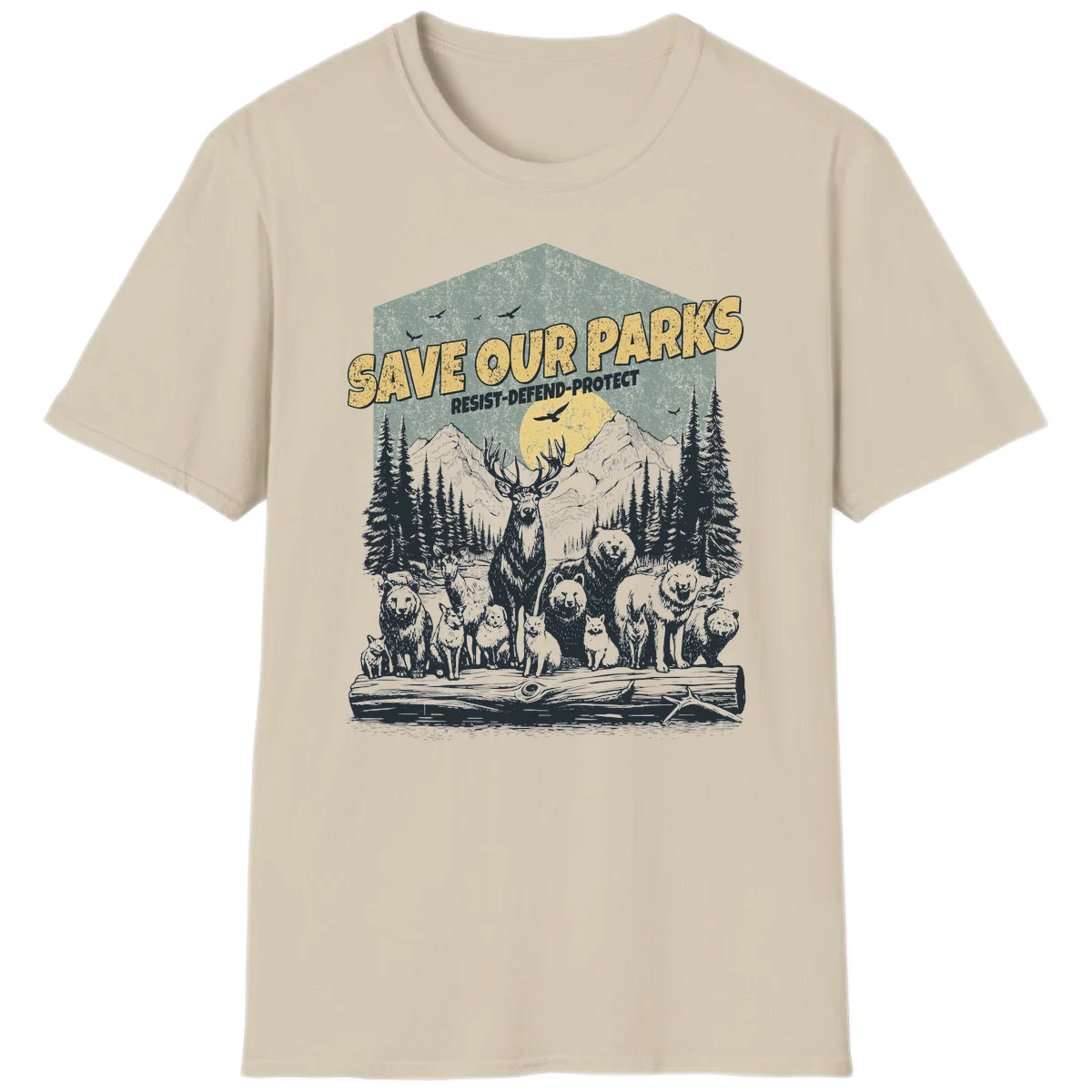 Vintage illustration of elk, bears, wolves and deer gathered in a moonlit forest with mountains, text reads 'Save Our Parks Resist-Defend-Protect' in Sand
