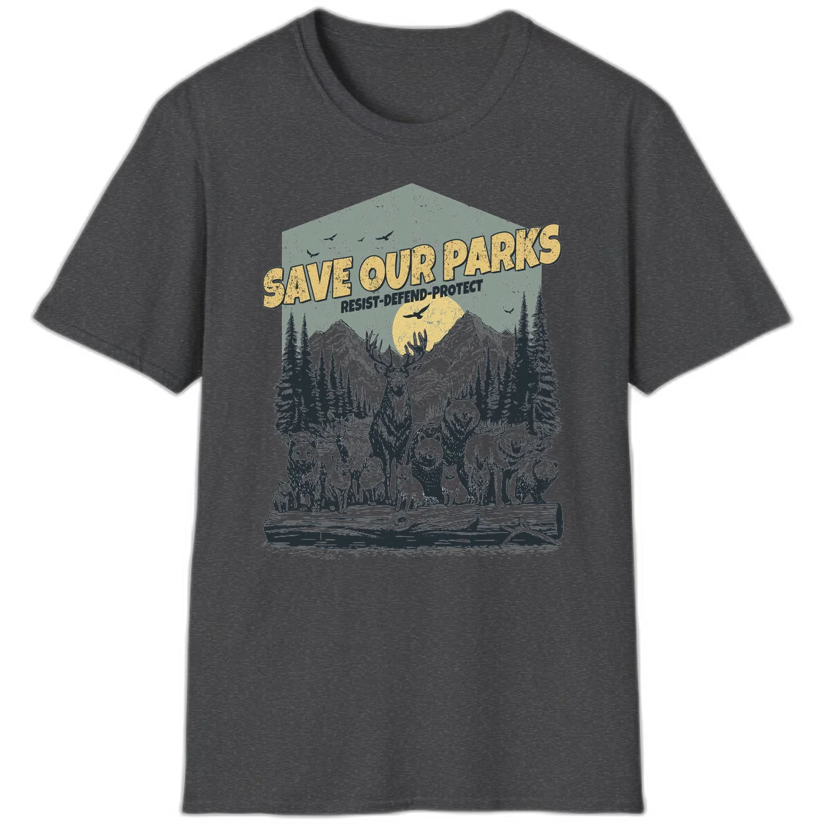 Vintage illustration of elk, bears, wolves and deer gathered in a moonlit forest with mountains, text reads 'Save Our Parks Resist-Defend-Protect' in Dark Heather
