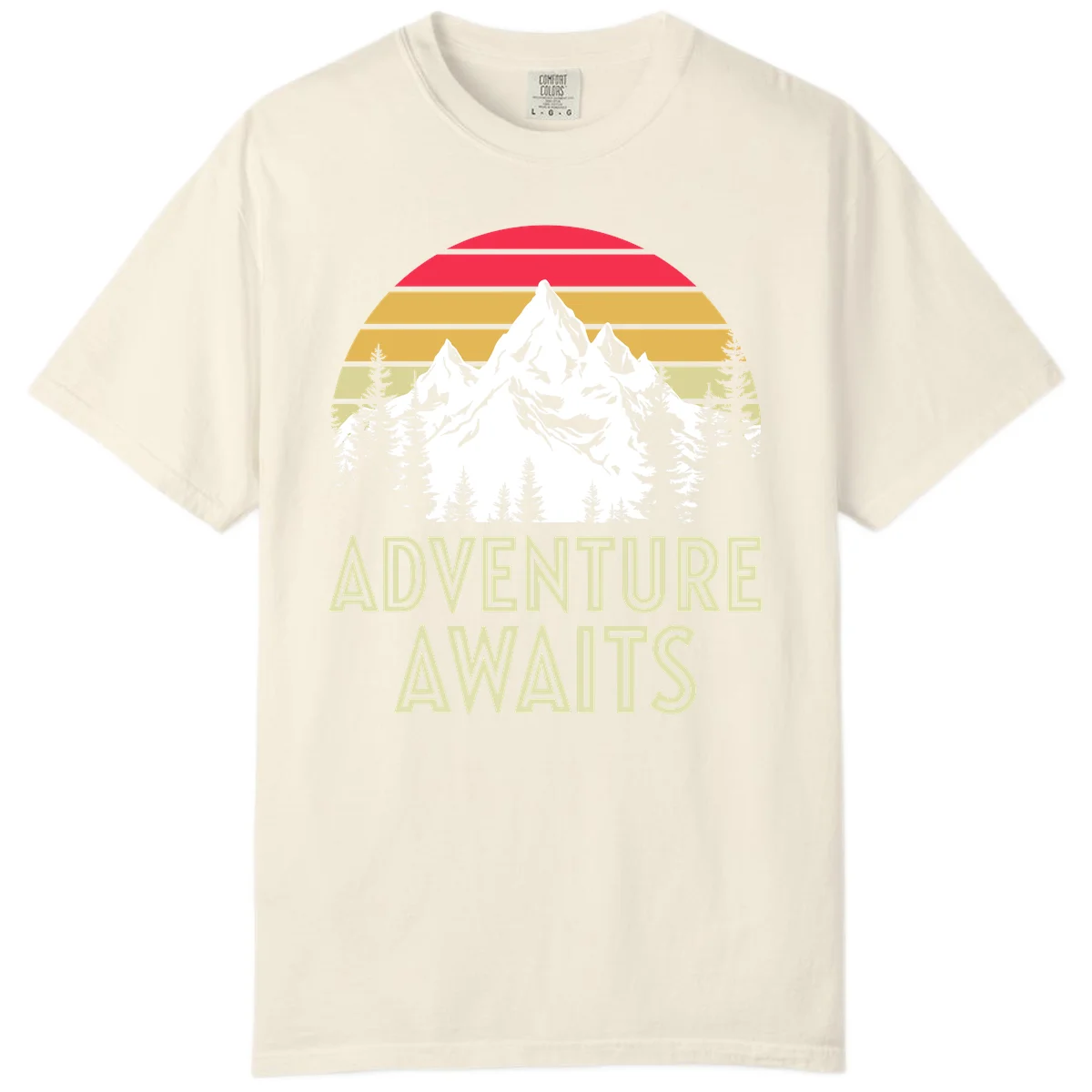Retro adventure awaits design with snow mountains, evergreen forest, and layered sunset stripes in warm vintage colors in Ivory