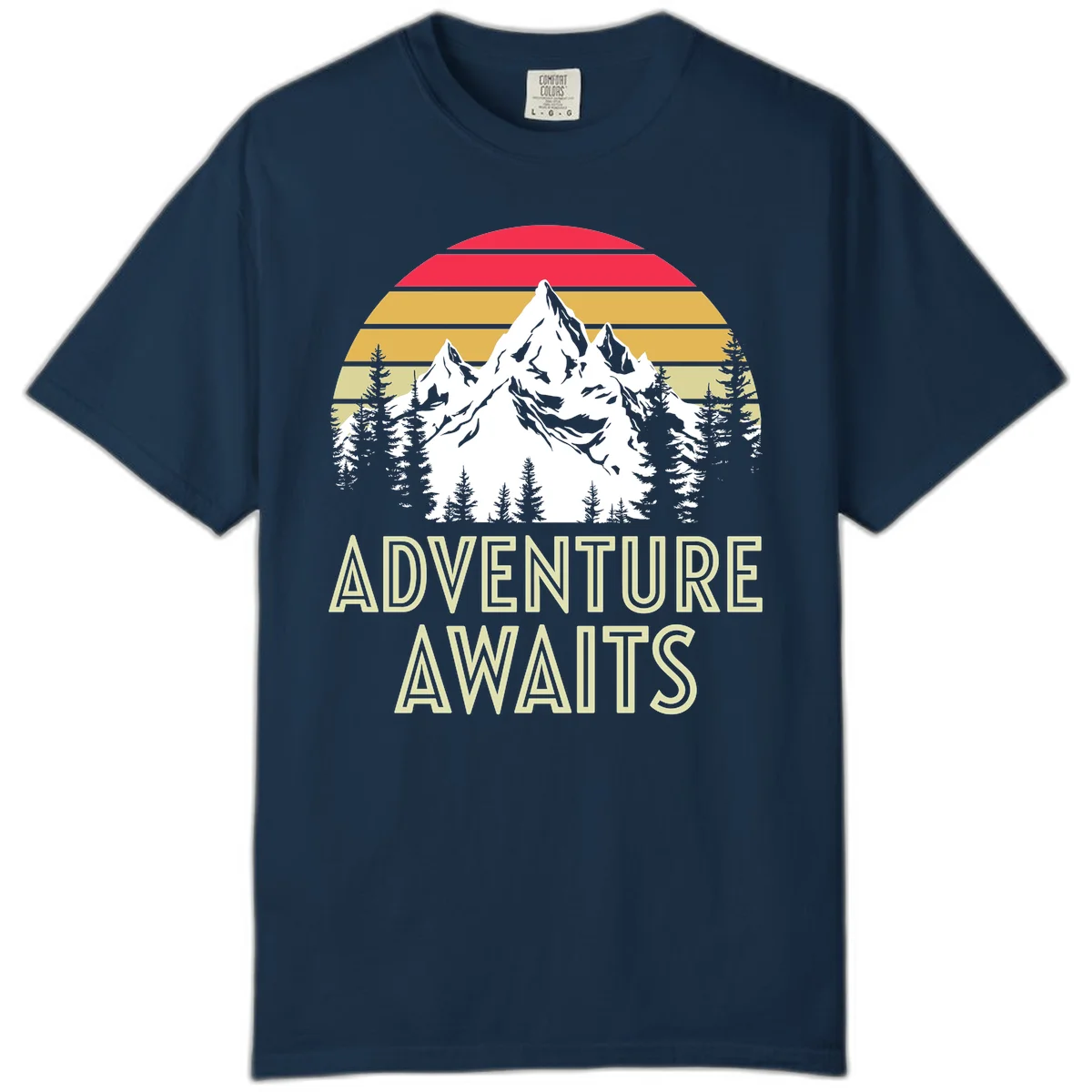 Retro adventure awaits design with snow mountains, evergreen forest, and layered sunset stripes in warm vintage colors in True Navy