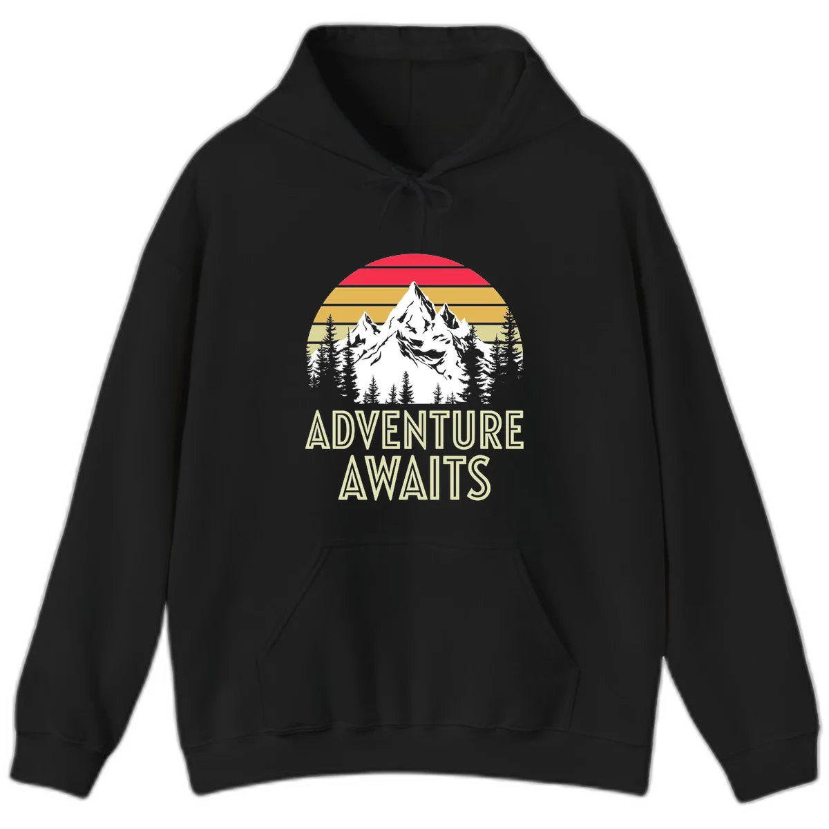 Retro adventure awaits design with snow mountains, evergreen forest, and layered sunset stripes in warm vintage colors in Black